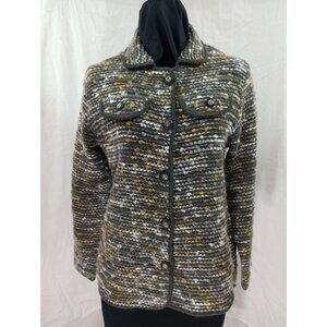 Laura Ashley Petite Womens Button-Up Knit Jacket PS Gray/Yellow Striped Wool Ble